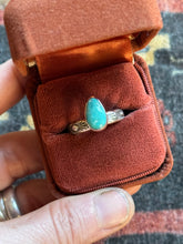 Load image into Gallery viewer, Sterling Silver Bright Blue Royston Turquoise Teardrop Stamped Stacker Ring

