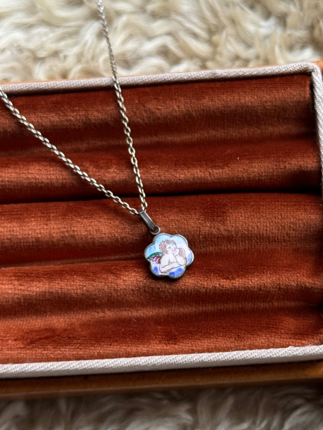 Vintage Sterling Silver Enamel Cherub Necklace
