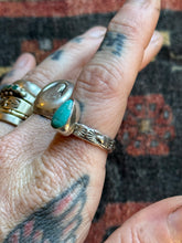 Load image into Gallery viewer, Sterling Silver Bright Blue Royston Turquoise Teardrop Stamped Stacker Ring
