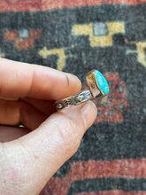 Load image into Gallery viewer, Sterling Silver Bright Blue Royston Turquoise Teardrop Stamped Stacker Ring
