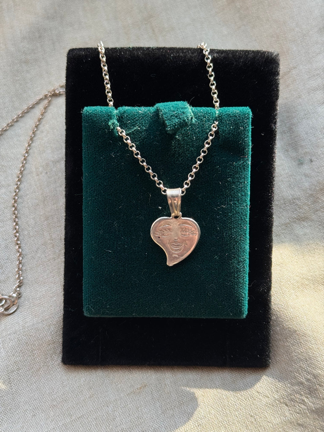 Vintage Sterling Silver Engraved Face Heart Charm Necklace