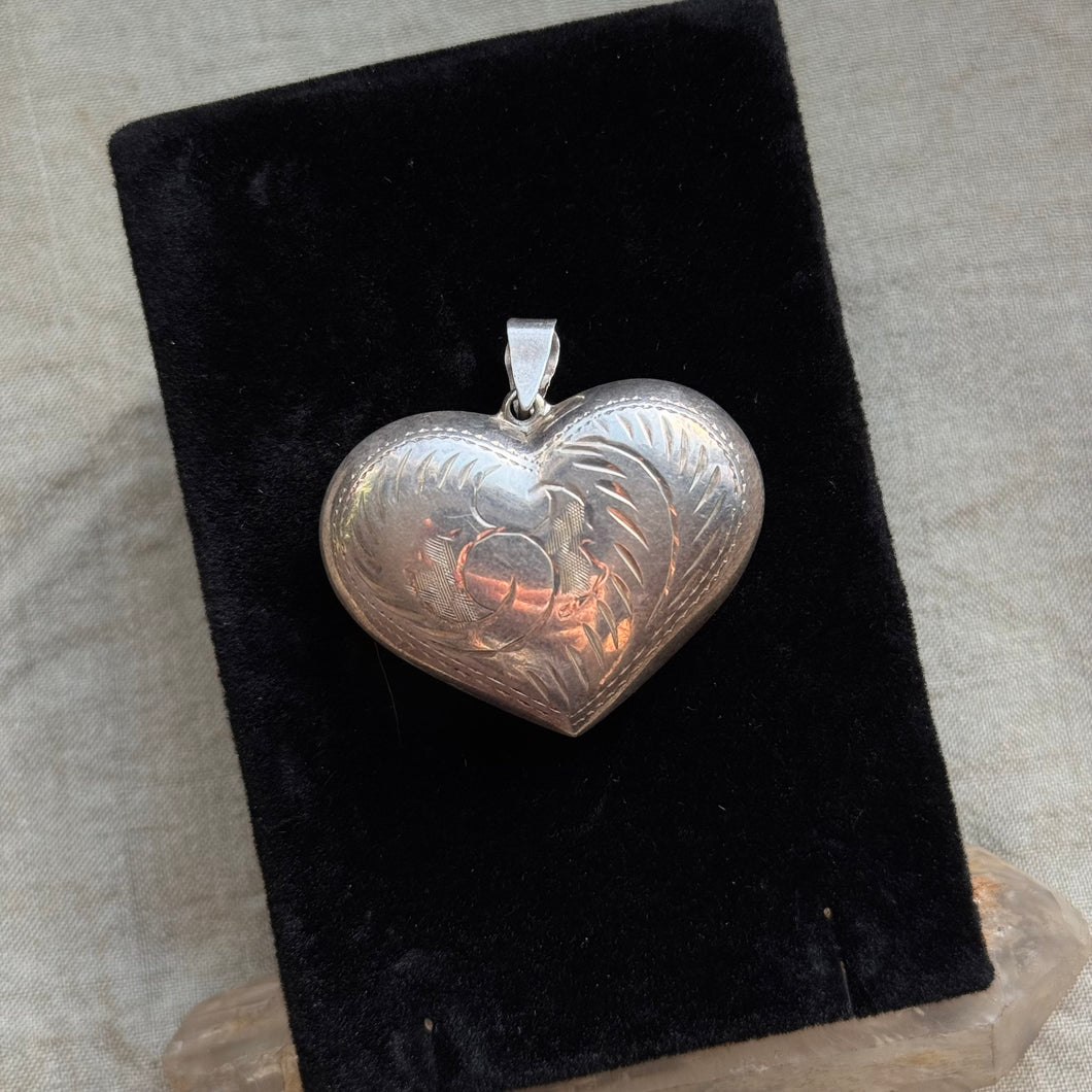 Vintage Sterling Silver Engraved Puffy Heart Pendant