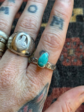 Load image into Gallery viewer, Sterling Silver Bright Blue Royston Turquoise Teardrop Stamped Stacker Ring
