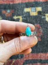 Load image into Gallery viewer, Sterling Silver Bright Blue Royston Turquoise Teardrop Stamped Stacker Ring
