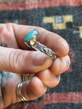 Load image into Gallery viewer, Sterling Silver Bright Blue Royston Turquoise Teardrop Stamped Stacker Ring

