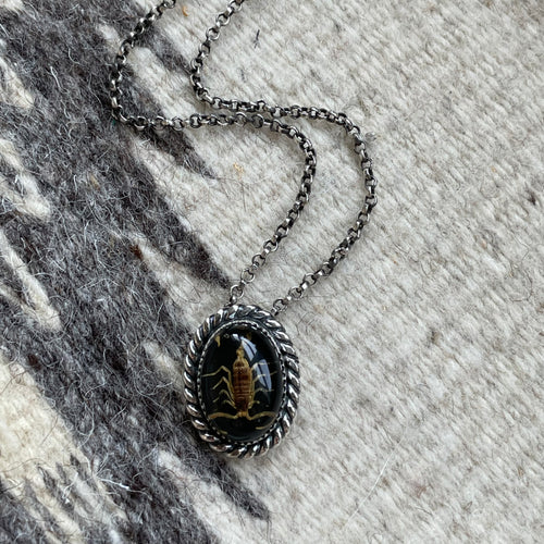 a black backed resin scorpion set in all sterling silver with a heavy rope detail finished on an antiques sterling rolo chain